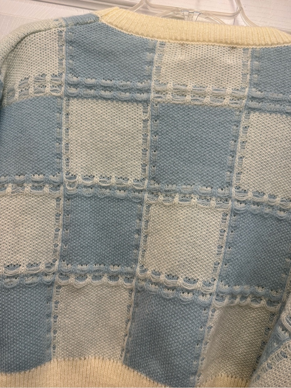 Peach Love California Powder Blue & Cream Checkered Cropped Sweater - Picture 4 of 5